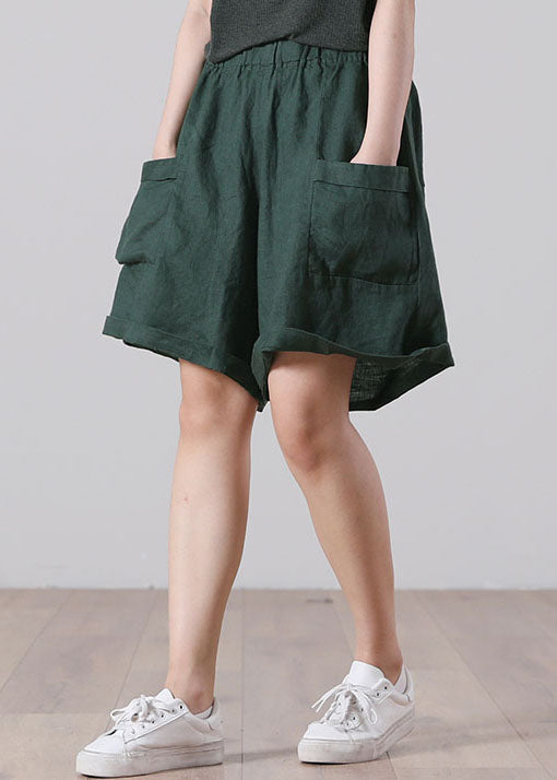 Schwarzgrüne Taschen Patchwork-Leinen-Shorts mit hoher Taille Sommer