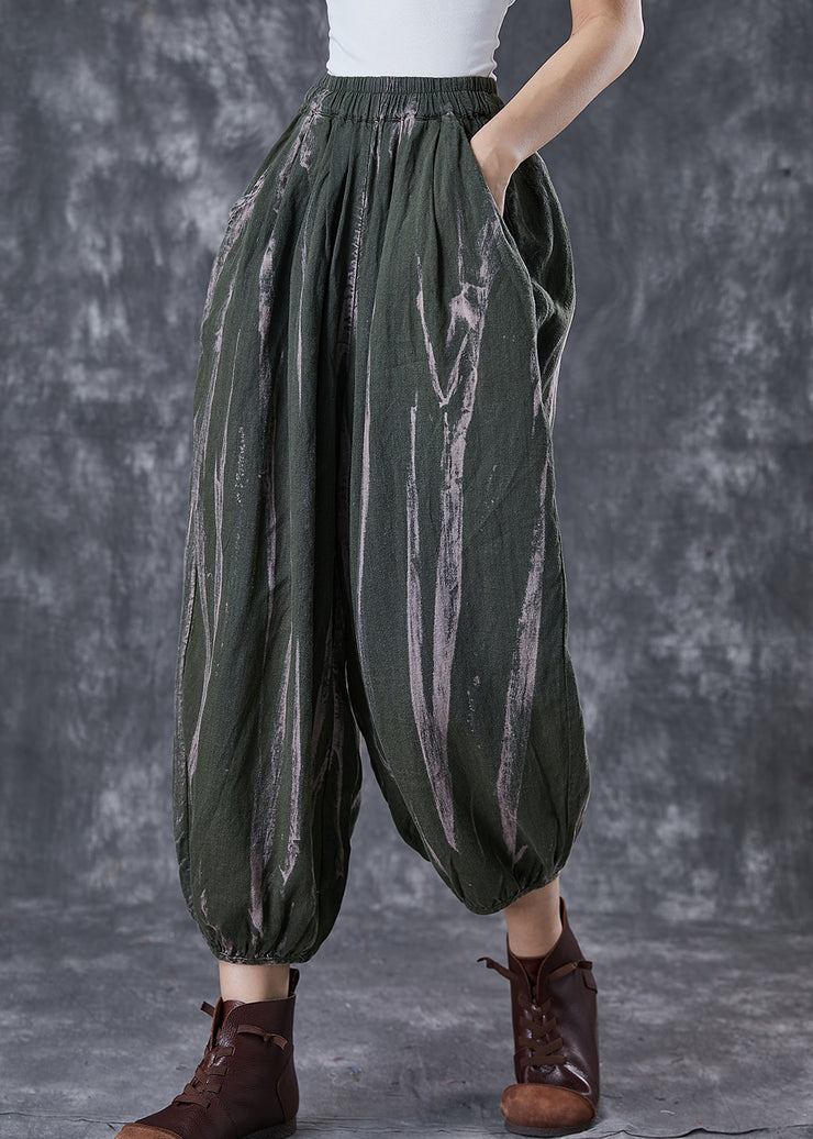 Blackish Green Print Linen Harem Pants Oversized Spring