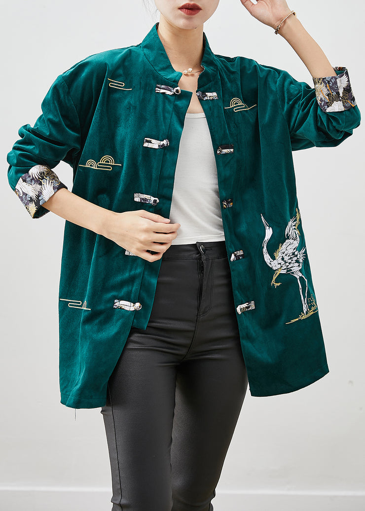 Blackish Green Silk Velour Jackets Embroidered Chinese Button Fall