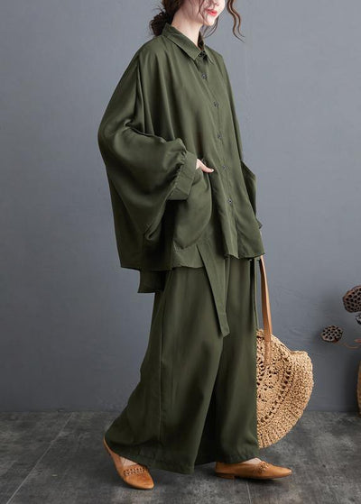 Blackish Green Two Piece Leisure Wide Legged Pants With Spring Art Loose Chiffon Shirt - bagstylebliss