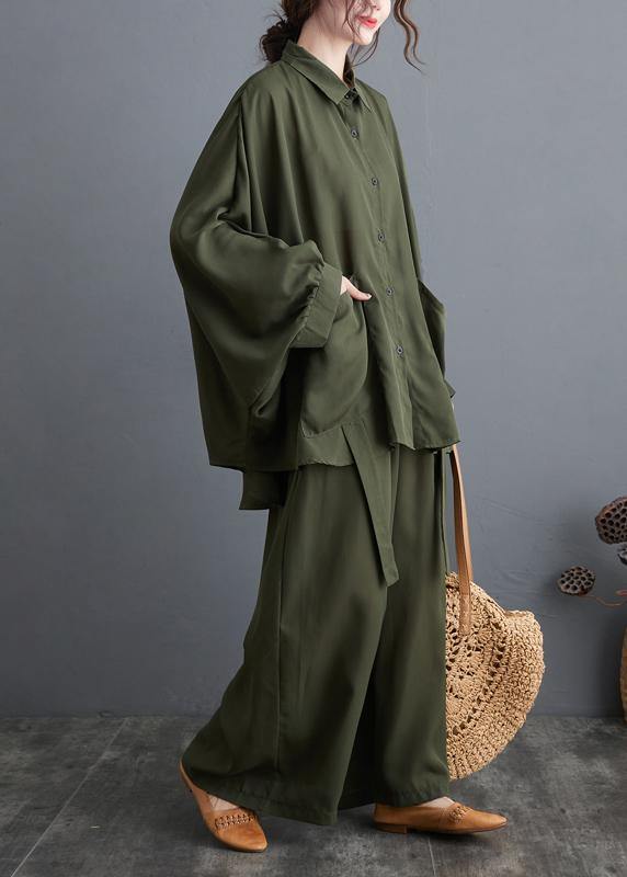 Blackish Green Two Piece Leisure Wide Legged Pants With Spring Art Loose Chiffon Shirt - bagstylebliss