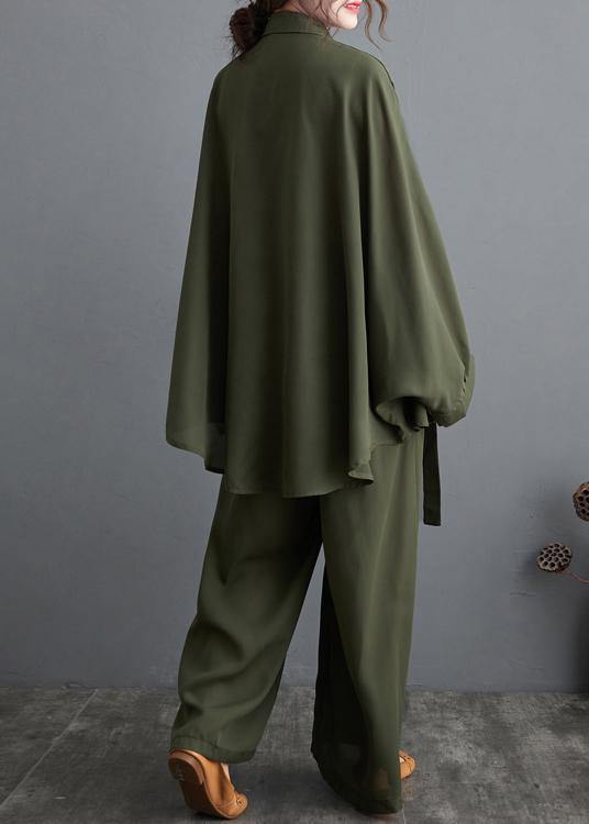 Blackish Green Two Piece Leisure Wide Legged Pants With Spring Art Loose Chiffon Shirt - bagstylebliss