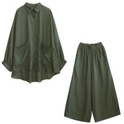Blackish Green Two Piece Leisure Wide Legged Pants With Spring Art Loose Chiffon Shirt - bagstylebliss