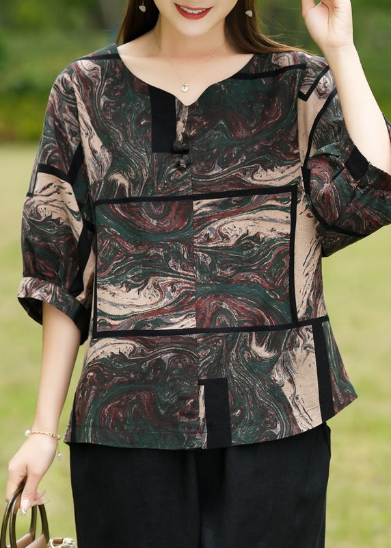 Blackish Green V Neck Patchwork Top Spring