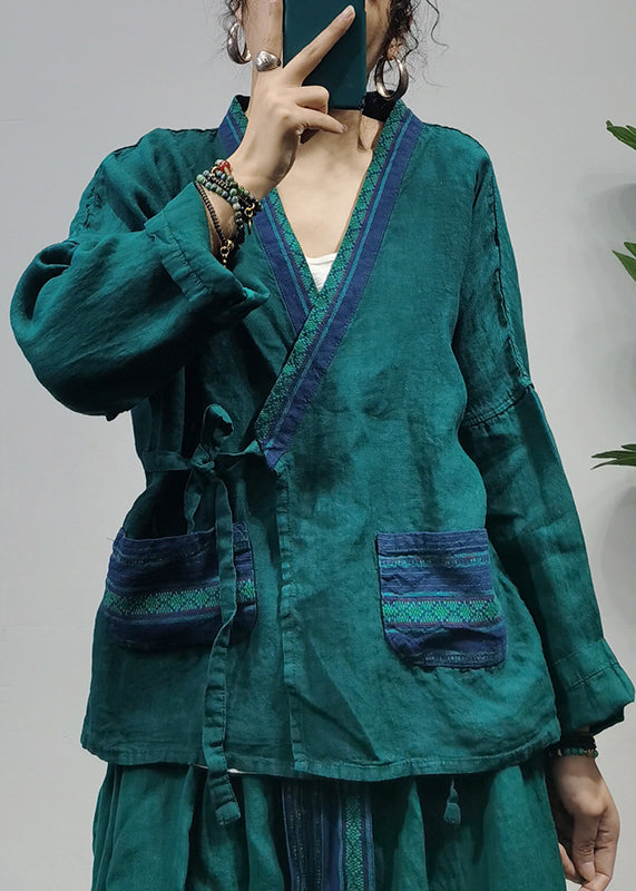 Blackish Green pocket Linen Shirt Top A Line Skirt Two Piece Set elastic waist Long Sleeve