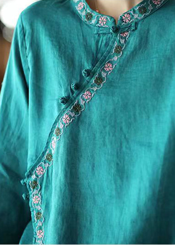Blue Asymmetrical Design Linen Shirt Embroidered Long Sleeve