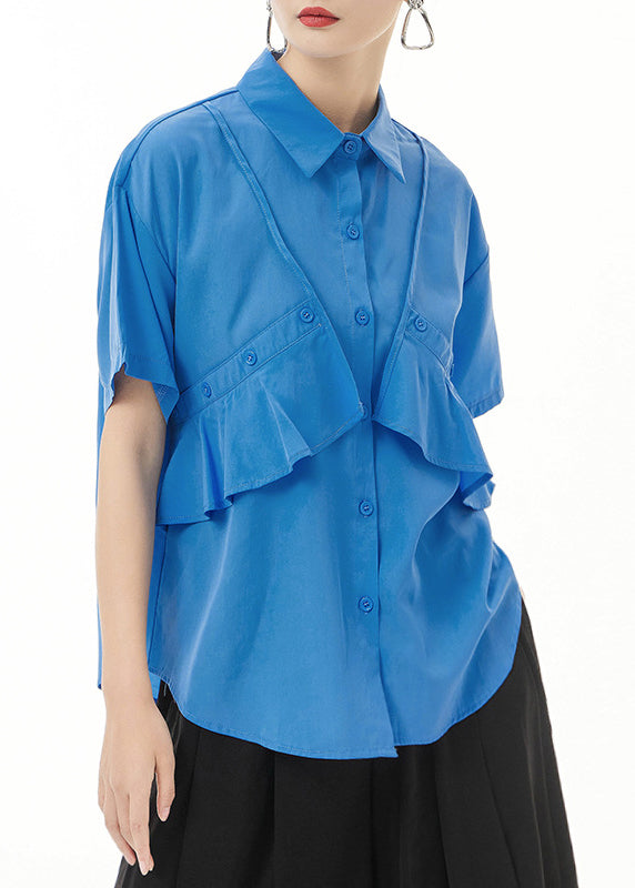 Blue Baggy Ruffles Patchwork Cotton Shirt Button Short Sleeve