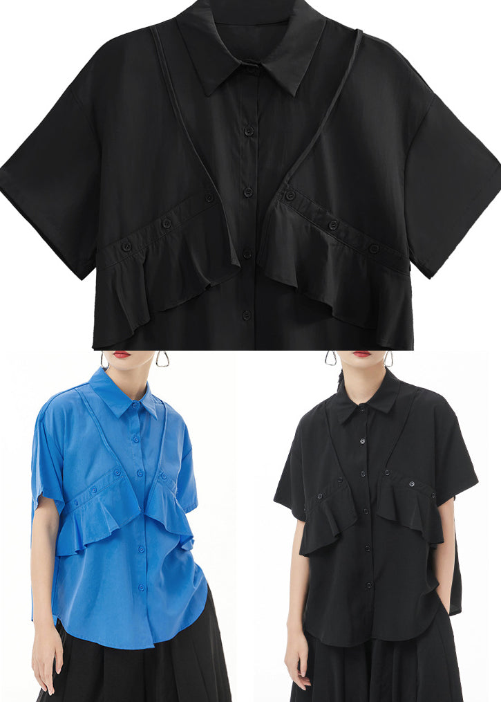 Blue Baggy Ruffles Patchwork Cotton Shirt Button Short Sleeve