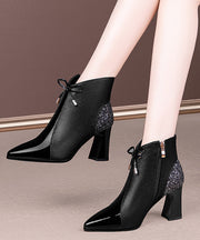 Blue Bow Splicing Zippered Chunky Boots Pointed Toe