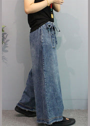 Blue Casual Retro Pockets Tie Waist Fall Wide Leg Denim Pants