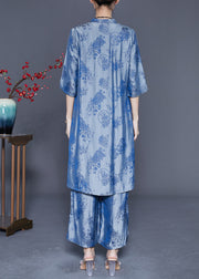 Blue Chinese Style Silk Two Pieces Set Chinese Button Half Sleeve