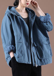 Blue Cinched Spring Hoodies Outwear - bagstylebliss