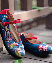 Blue Embroidered Flat Feet Shoes Cotton Fabric Plus Size Buckle Strap Flat Shoes For Women