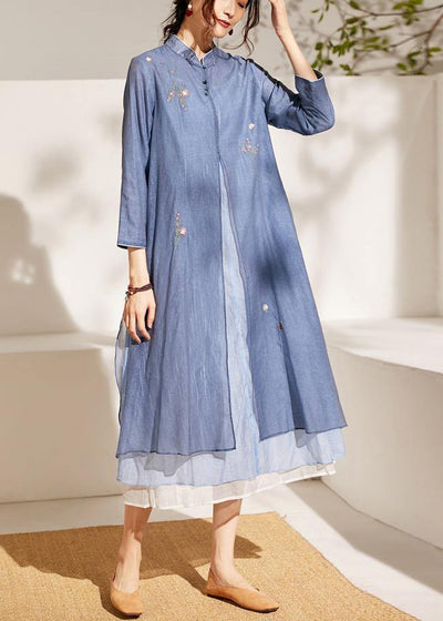 Blue Embroideried Patchwork Button Summer Blended Holiday Dress - bagstylebliss