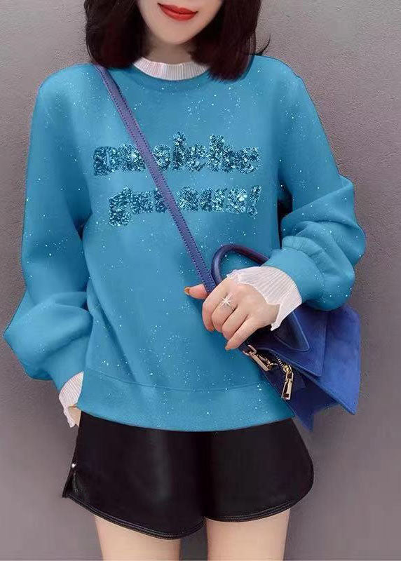 Blue Embroidered Patchwork Ruffled Fall Sweatshirt Street wear