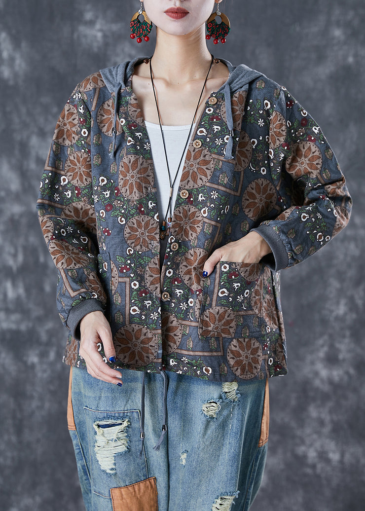 Blue Grey Patchwork Cotton Jackets Hooded Print Fall