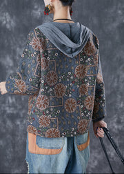 Blue Grey Patchwork Cotton Jackets Hooded Print Fall