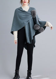 Blue Grey Patchwork Knit Cape Coats Fuzzy Ball Asymmetrical Fall