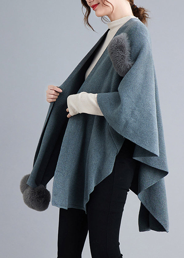 Blue Grey Patchwork Knit Cape Coats Fuzzy Ball Asymmetrical Fall