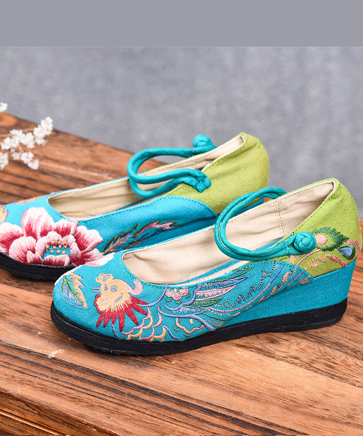 Blue High Wedge Heels Shoes Wedge Cotton Fabric Handmade Embroidered Patchwork Buckle Strap High Wedge Heels Shoes
