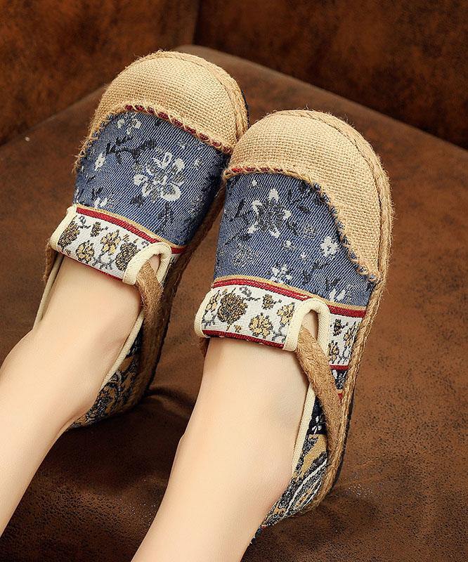 Blue Jacquard Flats Cotton Linen Fabric Unique Splicing Flat Shoes - bagstylebliss