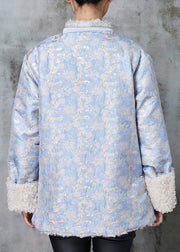 Blue Jacquard Fleece Wool Lined Coat Outwear Chinese Button Spring