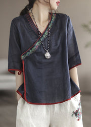 Blue Lace Up Embroidered Linen T Shirt V Neck Half Sleeve