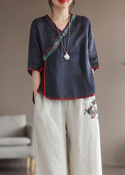 Blue Lace Up Embroidered Linen T Shirt V Neck Half Sleeve