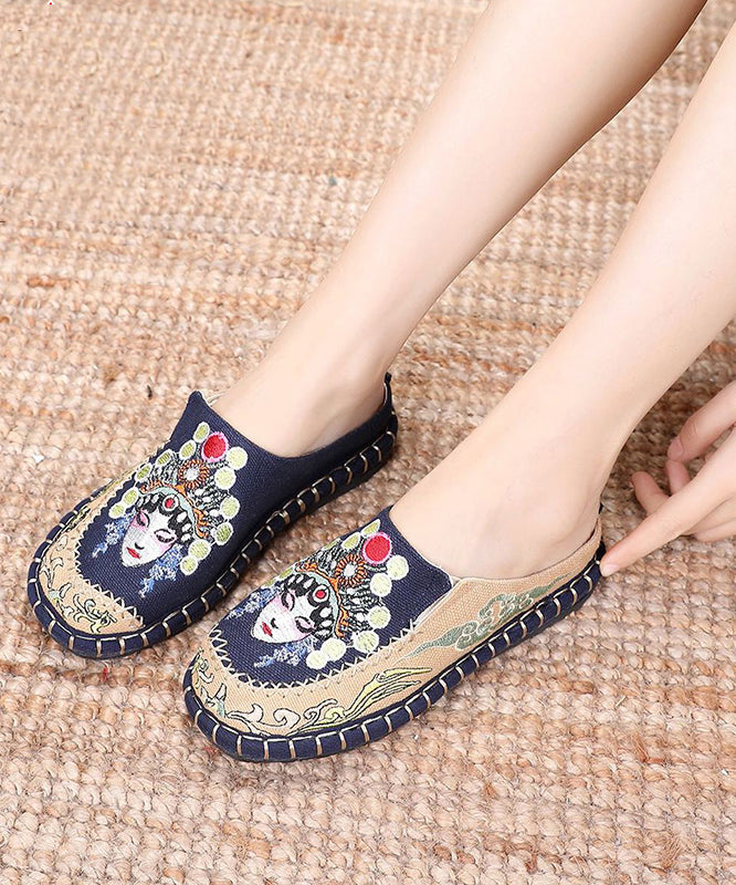 Blue Linen Fabric Unique Bei jing opera Embroidered Slide Sandals
