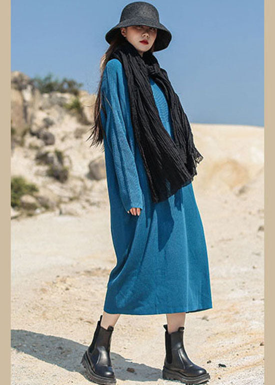 Blue Loose Casual Knit Long Dress V Neck Spring