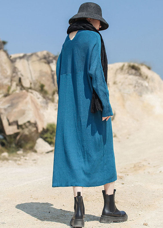 Blue Loose Casual Knit Long Dress V Neck Spring