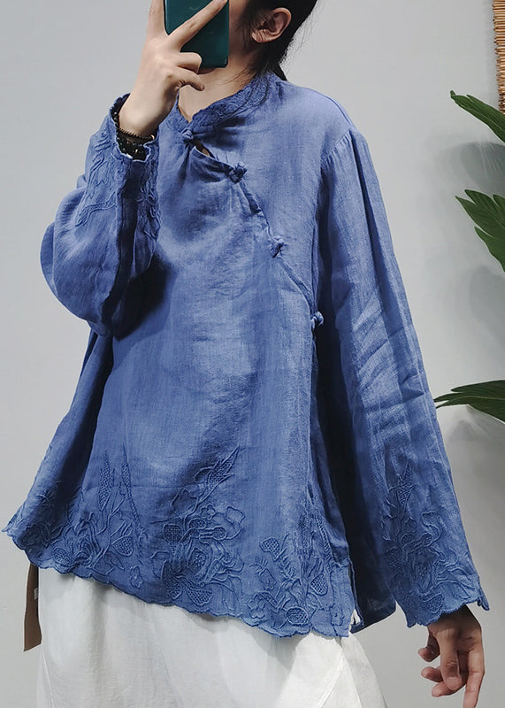 Blue Loose Linen Shirt Top Button Long Sleeve