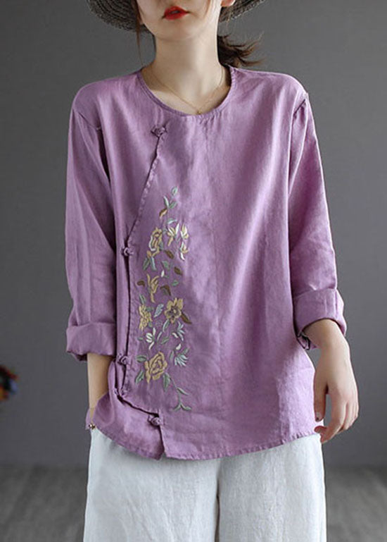 Blue Loose Linen Shirt Tops Embroidered Long Sleeve