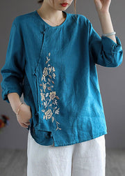 Blue Loose Linen Shirt Tops Embroidered Long Sleeve