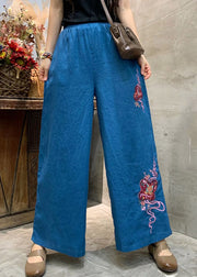 Blue Loose Linen Wide Leg Pants elastic waist Summer