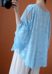 Blue Loose V Neck Summer Bat wing Sleeve Shirts - bagstylebliss