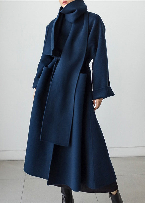 Blue Notched Tie Waist Woolen Coats Long Sleeve