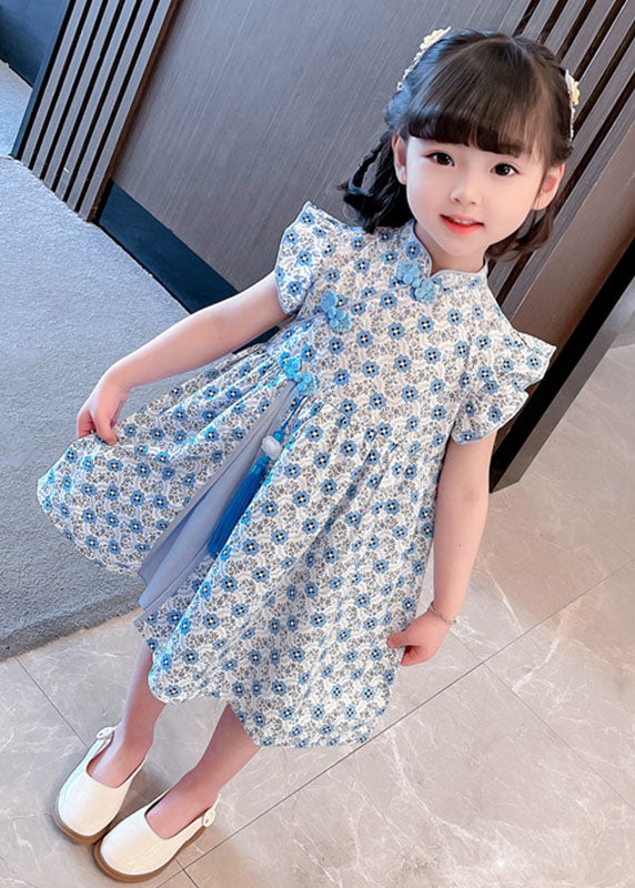 Blue Patchwork Cotton Kids Girls Dresses Tasseled Stand Collar Summer