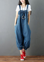 Blue Patchwork Denim Jumpsuits Pants Pockets Wrinkled Summer