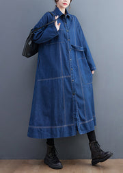 Blue Patchwork Denim Long Trench Coat Peter Pan Collar Long Sleeve