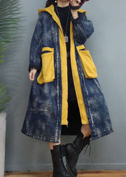 Blue Patchwork Fine Cotton Filled Hooded Winter Coat