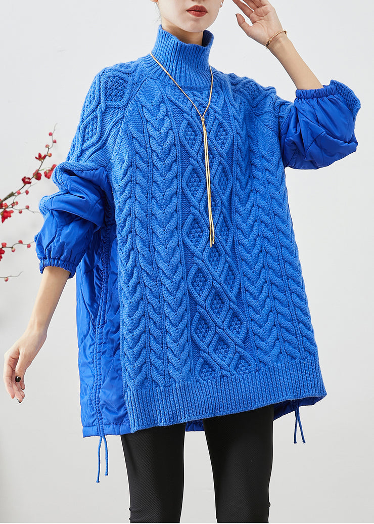 Blue Patchwork Knit Short Sweater Oversized Drawstring Winter