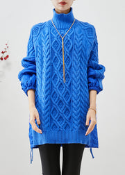 Blue Patchwork Knit Short Sweater Oversized Drawstring Winter