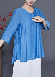 Blue Patchwork Silk Blouse Top Oversized Bracelet Sleeve