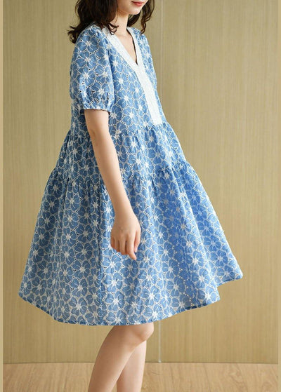 Blue Patchwork V Neck Embroideried Summer Cotton Dress Short Sleeve - bagstylebliss