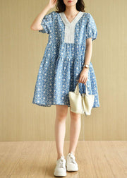 Blue Patchwork V Neck Embroideried Summer Cotton Dress Short Sleeve - bagstylebliss