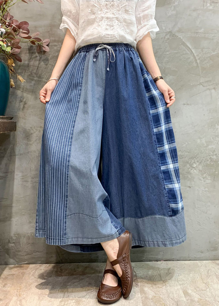 Blue Plaid Elastic Waist Patchwork Denim Loose Pants Pockets