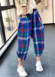 Blue Plaid Linen Loose Crop Pants Elastic Waist Tie Waist Summer