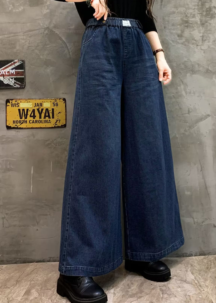 Blue Pockets Casual Denim Wide Leg Pants Elastic Waist Fall