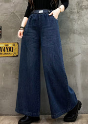 Blue Pockets Casual Denim Wide Leg Pants Elastic Waist Fall